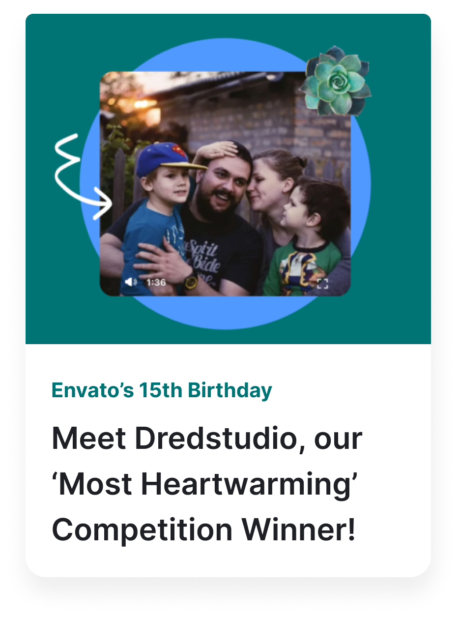 Envato blog tile linking to our 15th birthday 'most heartwarming' winner. Click through for inspiration for your entry for your 16th birthday competition entry. 
