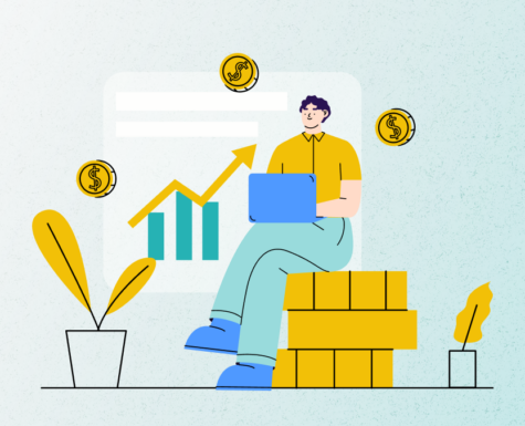 Illustration of a man sitting on a pile of coins with a chart going upwards behind him.