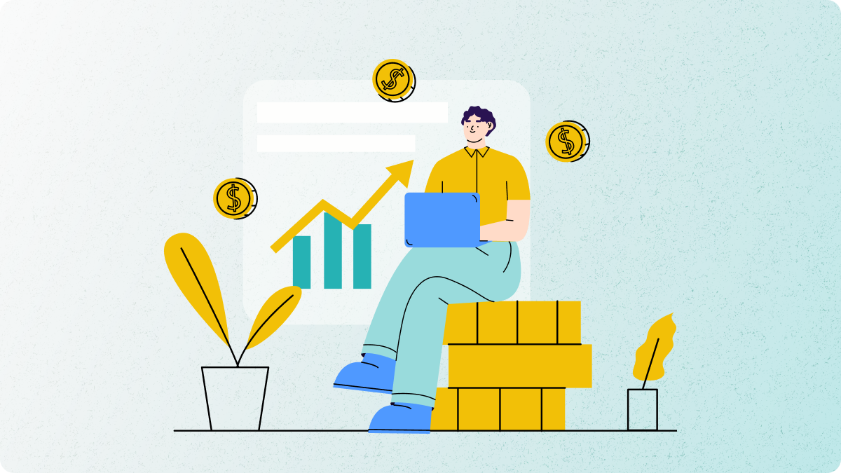 Illustration of a man sitting on a pile of coins with a chart going upwards behind him.