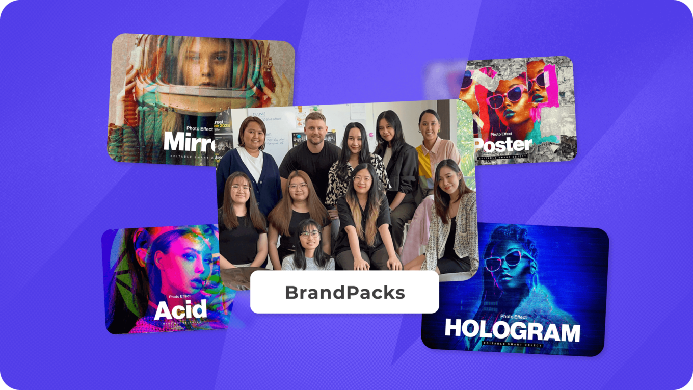 Purple background with assorted pictures across it. In the middle is a picture of the Brandpacks team. 