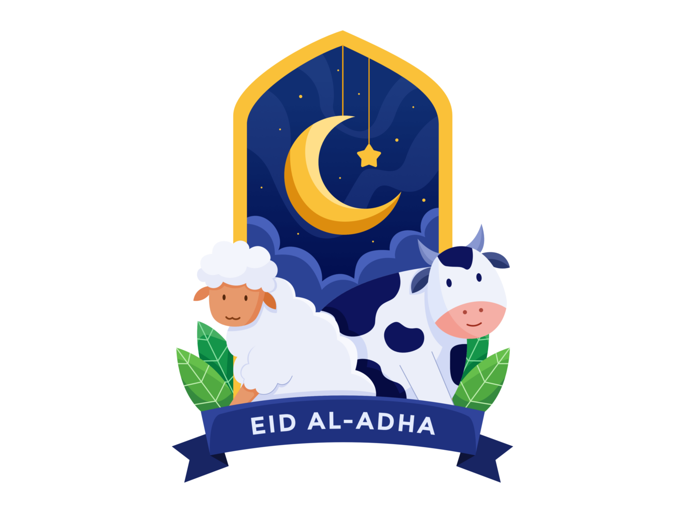 Illustration of a cow and sheep sitting in front of a window showing the night sky. At the front of the image there is a dark blue banner that says "Eid Al-Adha". 