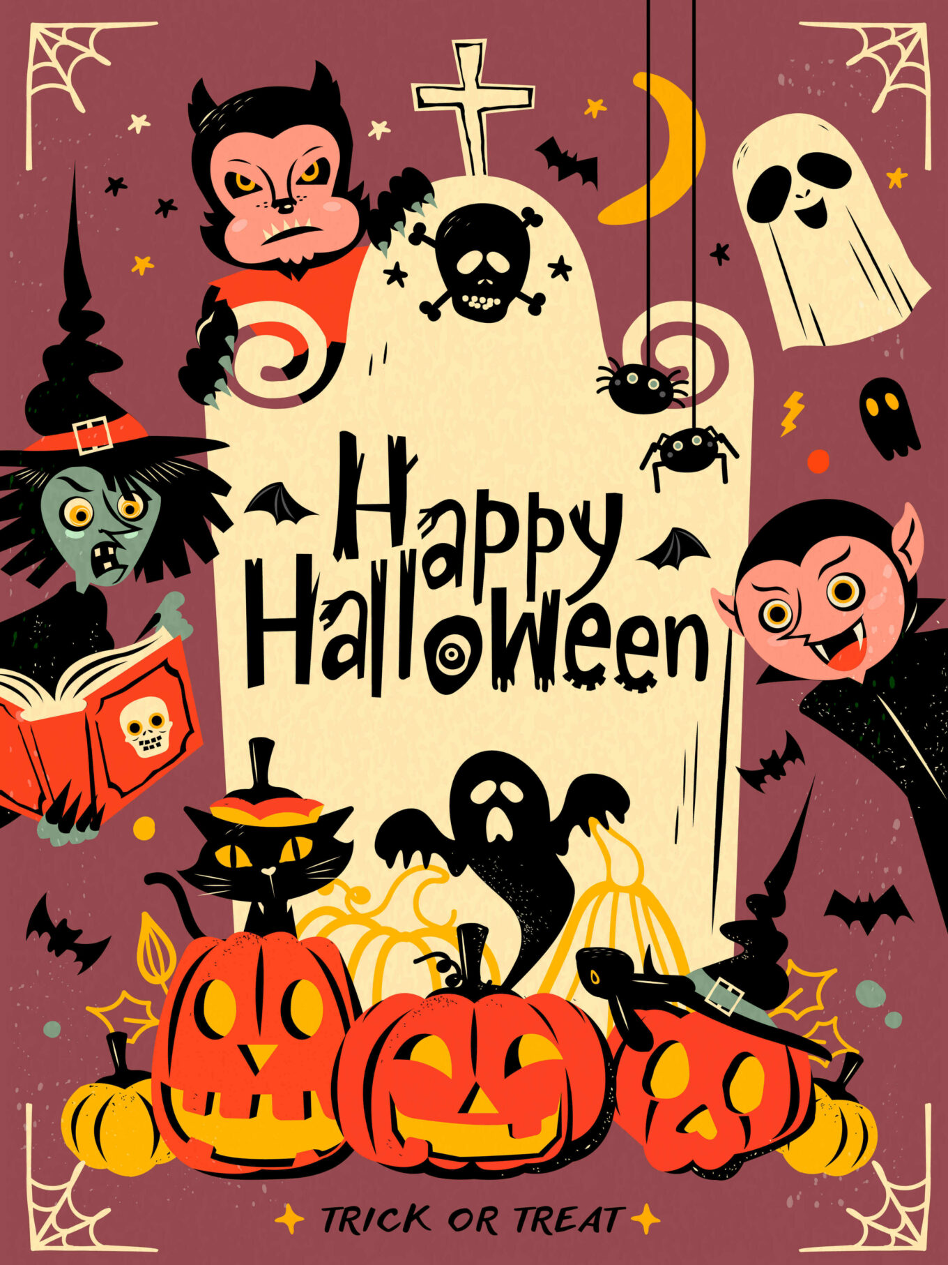 Halloween-themed illustration that says "Happy Halloween"