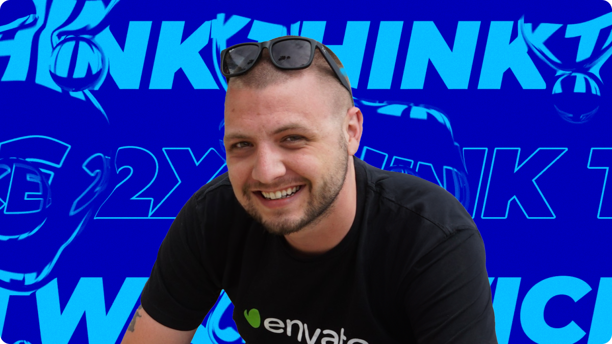 Image of Mark Brodhuber, Envato's Video Quality Team Lead, on dynamic blue background.