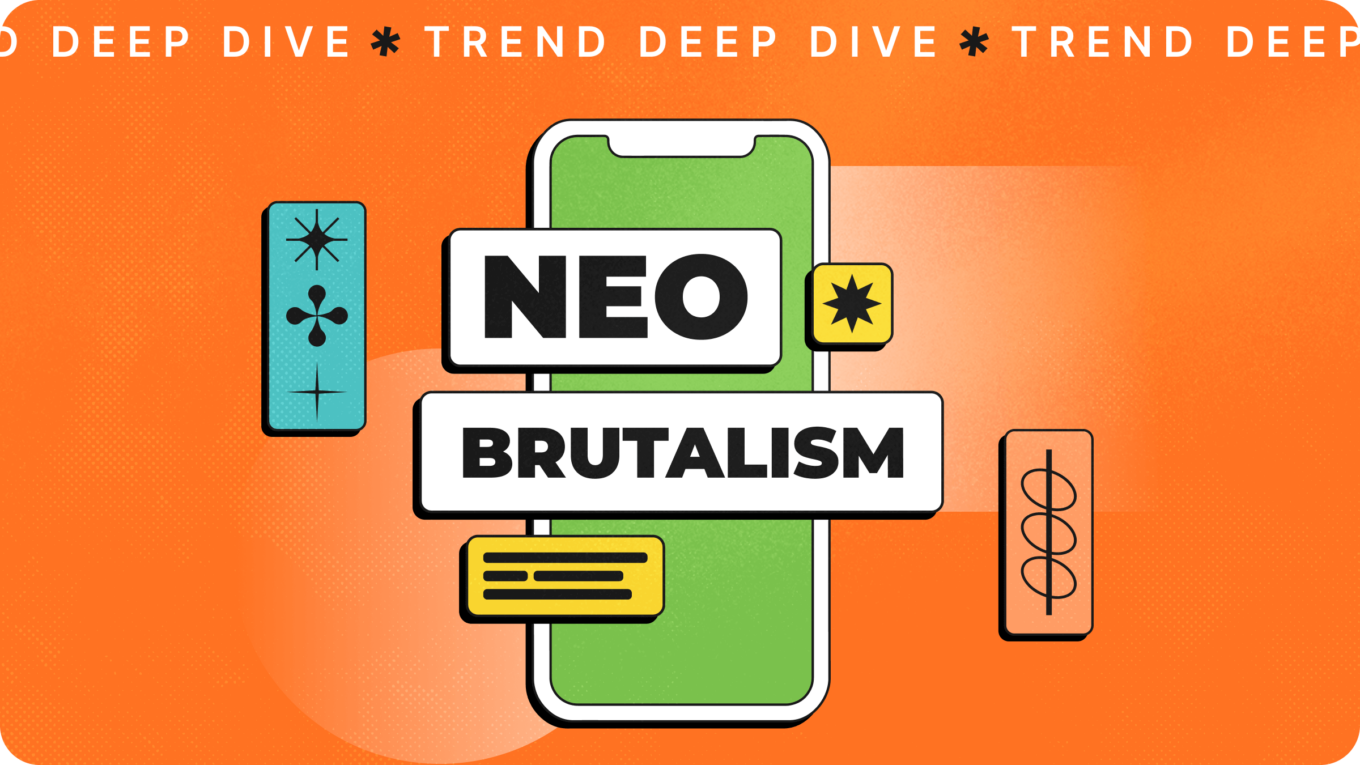 Orange background with icons surrounding a phone mockup with the words "Neo Brutallism" in a blocky font. 