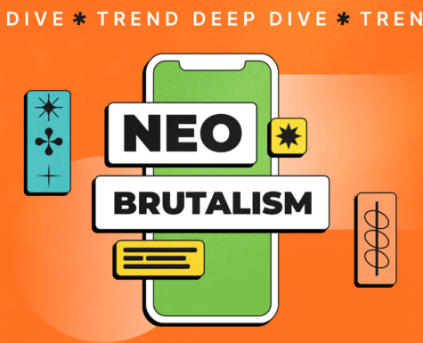 Orange background with icons surrounding a phone mockup with the words "Neo Brutallism" in a blocky font.