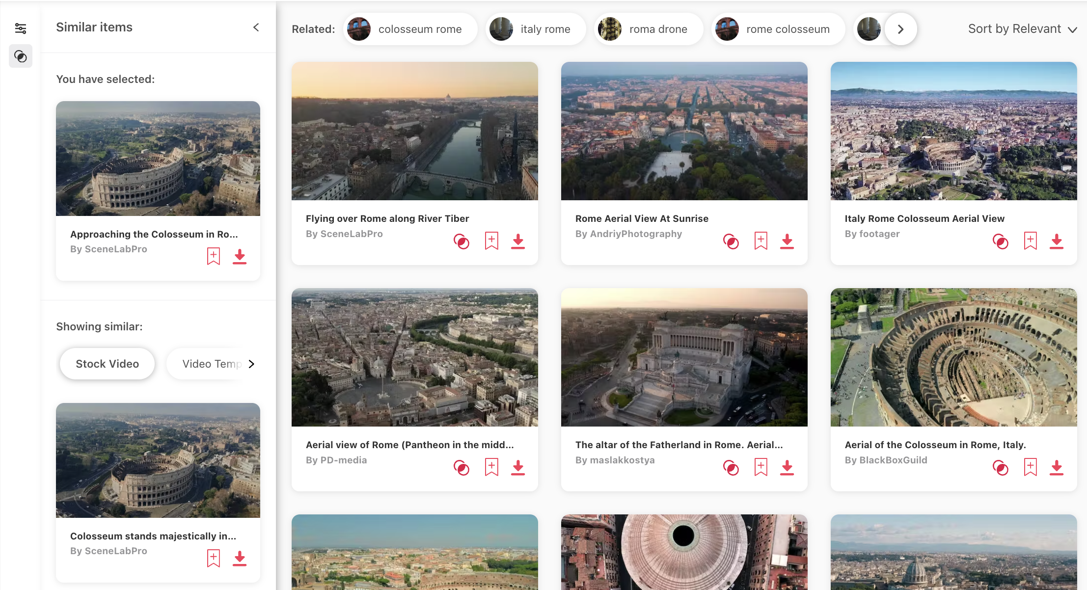 Screenshot of similar items sidebar (one of the features new to Elements) showing aerial stock footage of Rome.