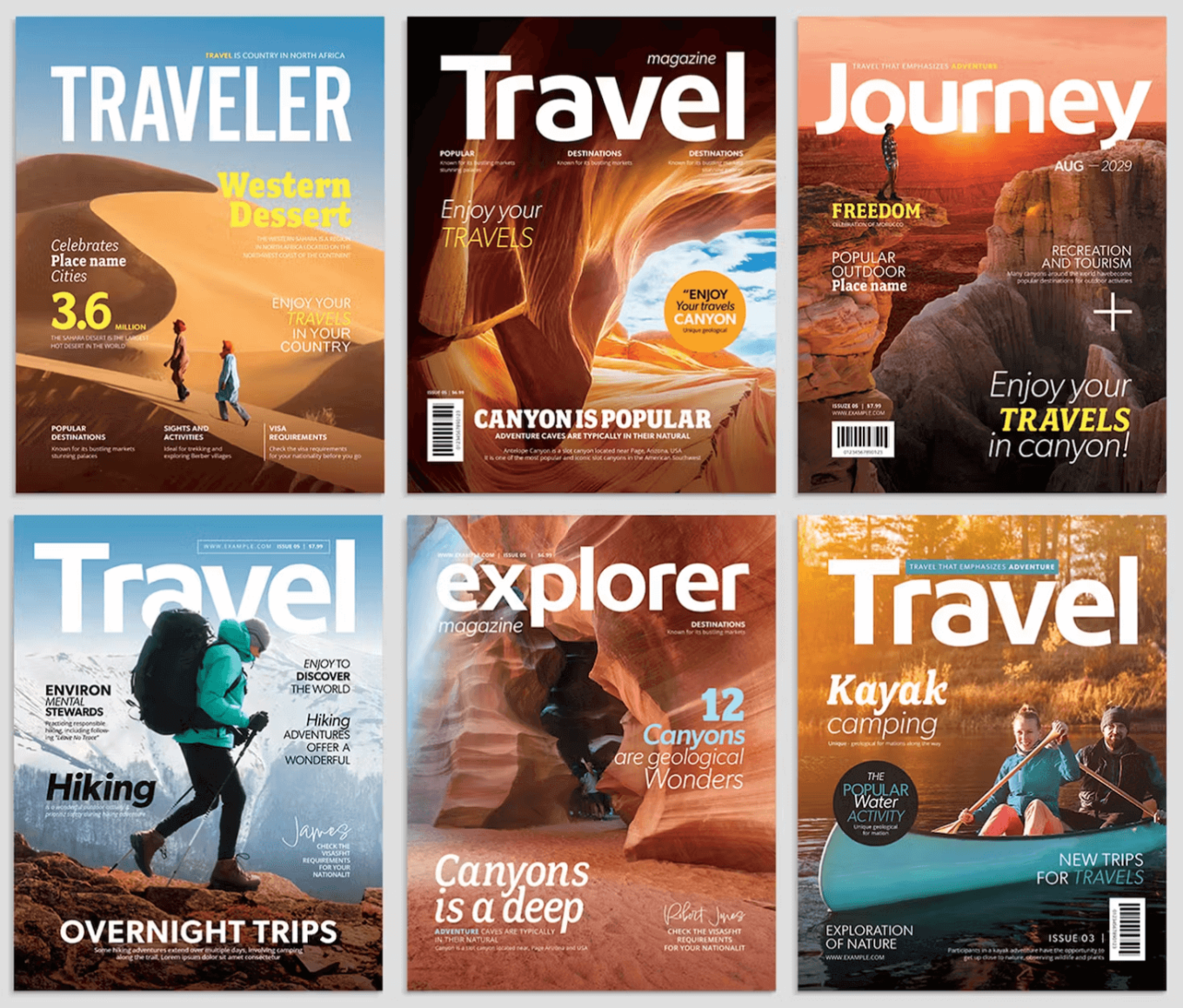 Travel Magazine Cover Templates by BrandPacks. Series of graphics.