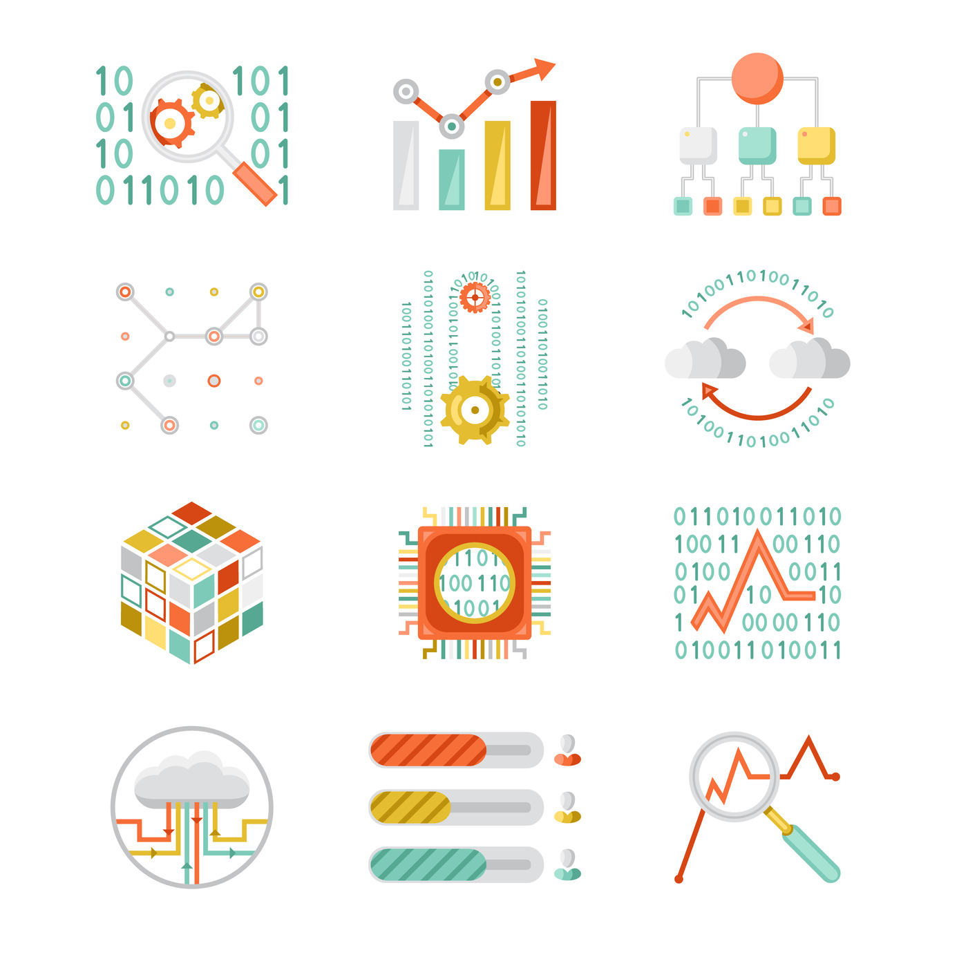 Data analytic colorful silhouette icons vector illustration