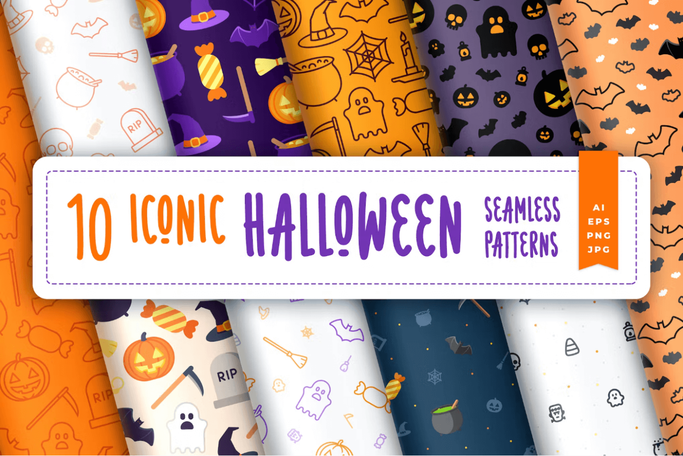Halloween-themed seamless backgrounds including images and illustrations of pumpkins, ghosts and witches.